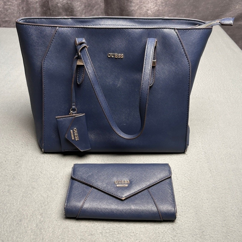 Guess Los Angeles Navy Blue Saffiano Faux Leather Zip Top Tote Bag Womens
